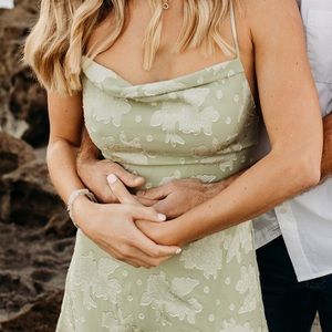 Floral cowl neck high slit slip midi dress